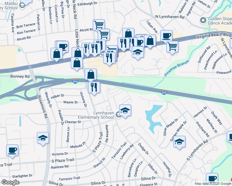 map of restaurants, bars, coffee shops, grocery stores, and more near 168 Coral Gables Court in Virginia Beach