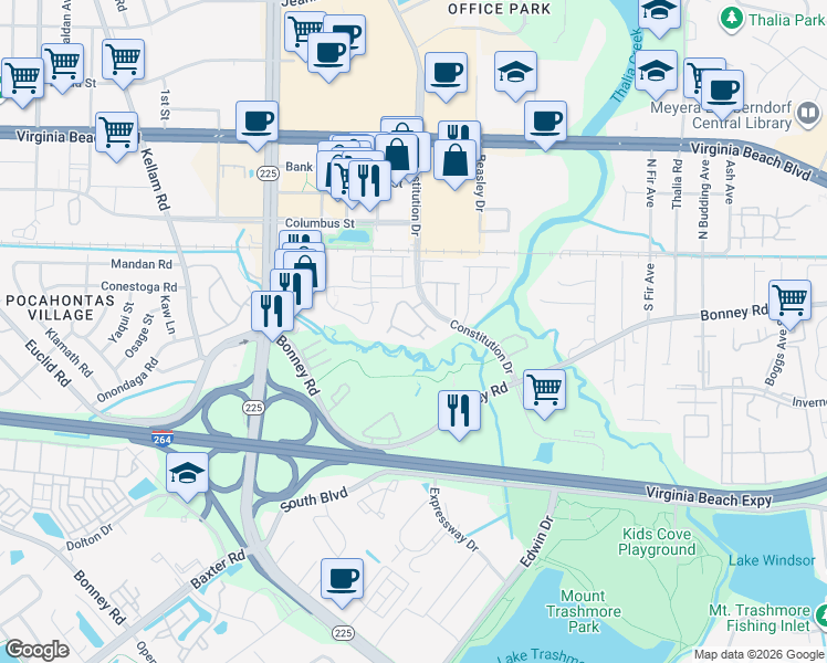map of restaurants, bars, coffee shops, grocery stores, and more near 4644 Genoa Circle in Virginia Beach