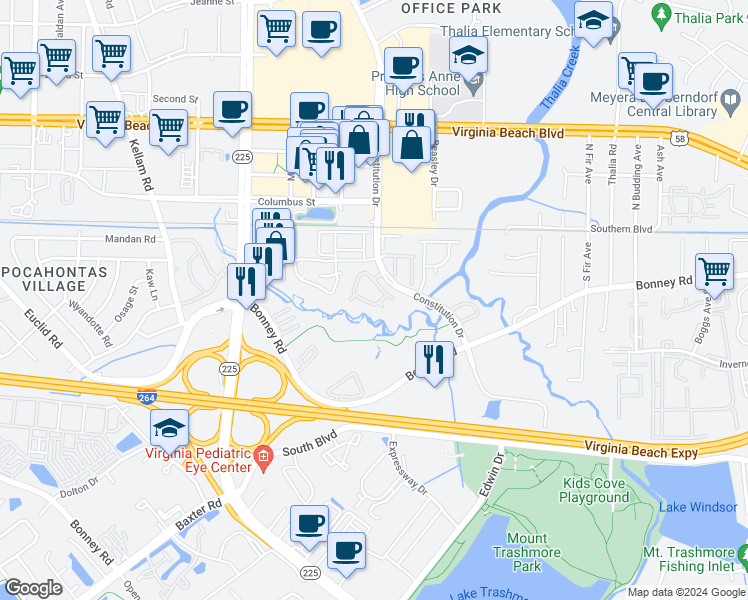 map of restaurants, bars, coffee shops, grocery stores, and more near 4662 Genoa Circle in Virginia Beach