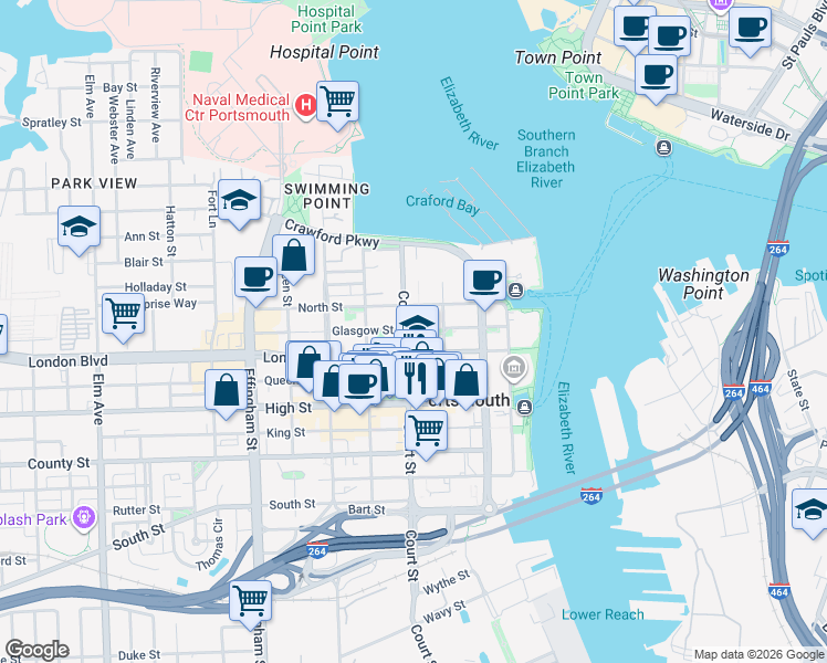 map of restaurants, bars, coffee shops, grocery stores, and more near 328 London Street in Portsmouth