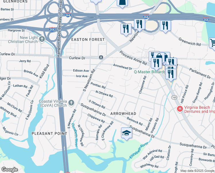 map of restaurants, bars, coffee shops, grocery stores, and more near 5764 Pontiac Road in Virginia Beach