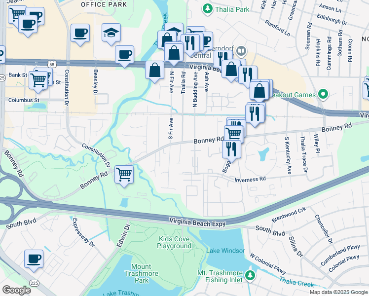 map of restaurants, bars, coffee shops, grocery stores, and more near 4241 Bonney Road in Virginia Beach