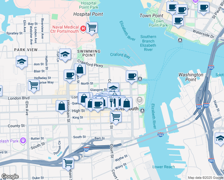 map of restaurants, bars, coffee shops, grocery stores, and more near 401 Court Street in Portsmouth
