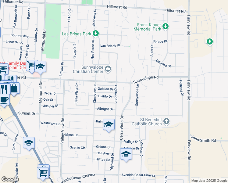 map of restaurants, bars, coffee shops, grocery stores, and more near 1490 Diablo Drive in Hollister