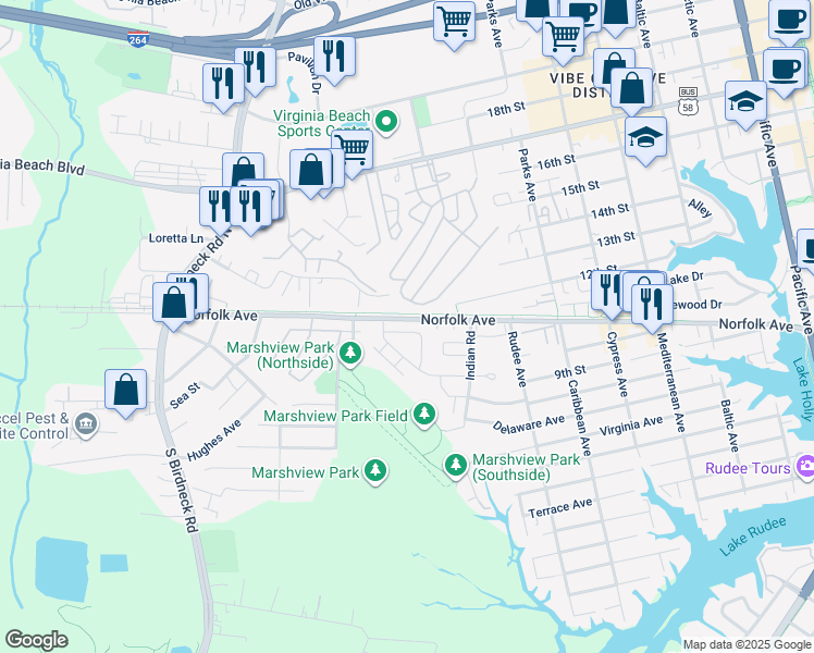 map of restaurants, bars, coffee shops, grocery stores, and more near 512 Marsh Duck Way in Virginia Beach