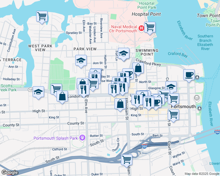 map of restaurants, bars, coffee shops, grocery stores, and more near 900 London Boulevard in Portsmouth