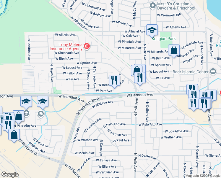 map of restaurants, bars, coffee shops, grocery stores, and more near 5713 West Parr Avenue in Fresno