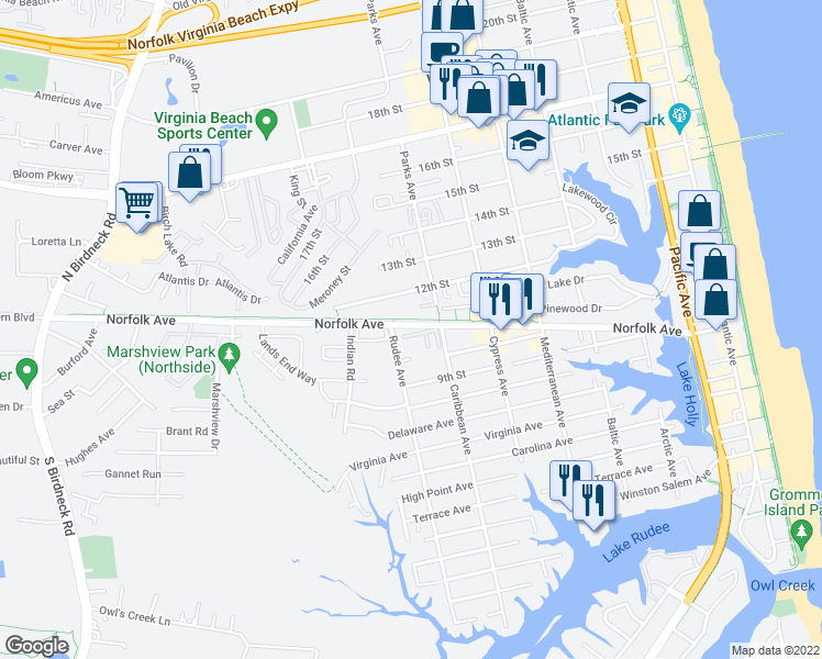 map of restaurants, bars, coffee shops, grocery stores, and more near 1009 Barclay Square in Virginia Beach