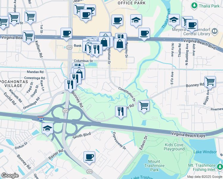 map of restaurants, bars, coffee shops, grocery stores, and more near 4662 Genoa Circle in Virginia Beach