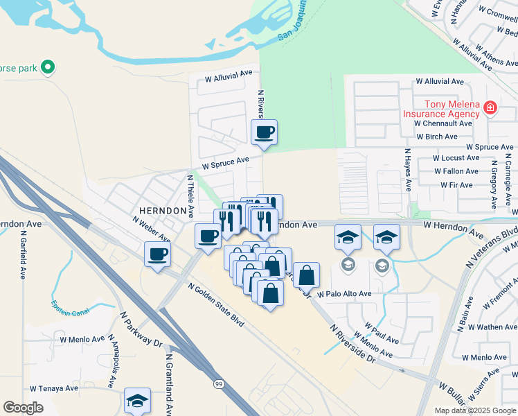 map of restaurants, bars, coffee shops, grocery stores, and more near 6651 West Parr Avenue in Fresno