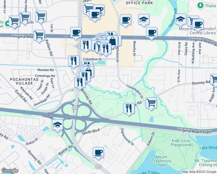 map of restaurants, bars, coffee shops, grocery stores, and more near 4612 Genoa Circle in Virginia Beach