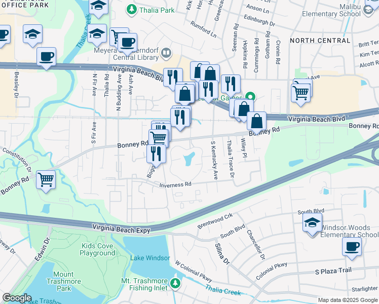 map of restaurants, bars, coffee shops, grocery stores, and more near 100 Runaway Bay Drive in Virginia Beach
