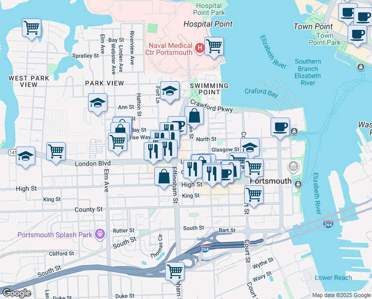 map of restaurants, bars, coffee shops, grocery stores, and more near 716 Firehouse Lane in Portsmouth