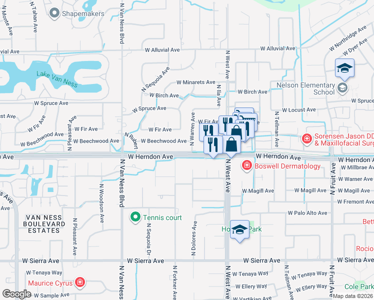 map of restaurants, bars, coffee shops, grocery stores, and more near 2209 West Warner Avenue in Fresno