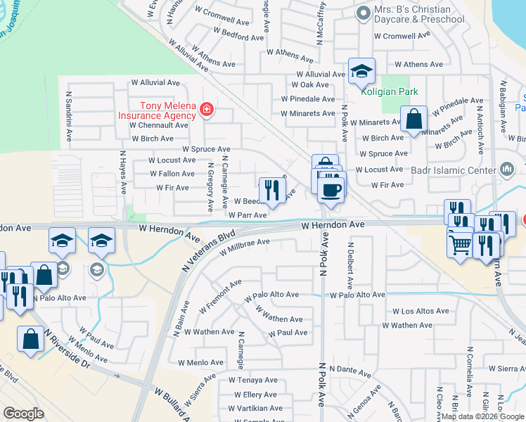 map of restaurants, bars, coffee shops, grocery stores, and more near 5713 West Parr Avenue in Fresno