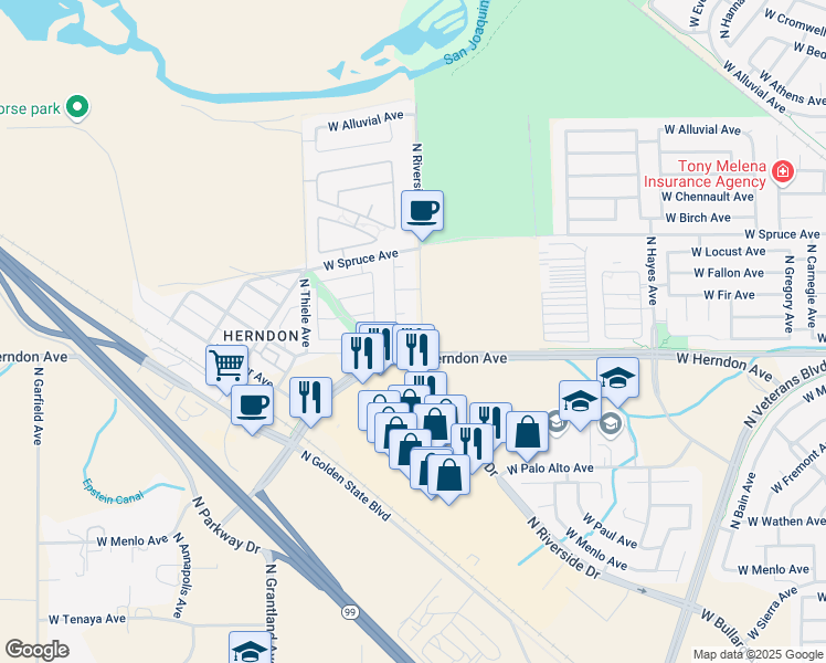 map of restaurants, bars, coffee shops, grocery stores, and more near 6651 West Parr Avenue in Fresno