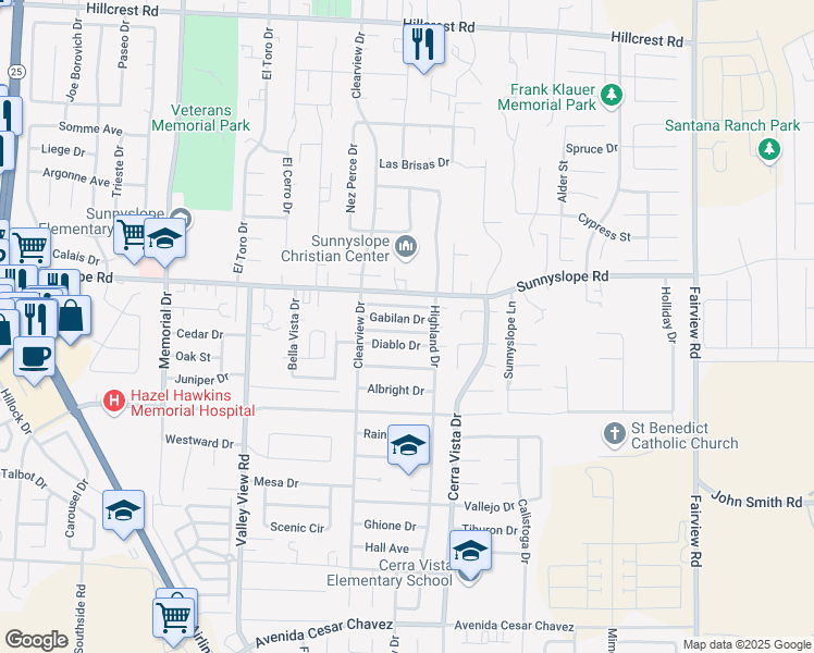 map of restaurants, bars, coffee shops, grocery stores, and more near 1490 Diablo Drive in Hollister