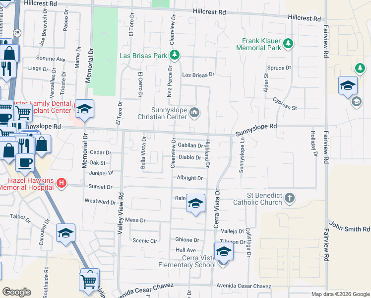 map of restaurants, bars, coffee shops, grocery stores, and more near 1490 Diablo Drive in Hollister