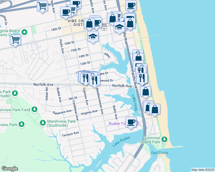 map of restaurants, bars, coffee shops, grocery stores, and more near 515 9th Street in Virginia Beach