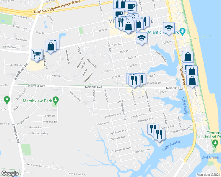 map of restaurants, bars, coffee shops, grocery stores, and more near 1009 Barclay Square in Virginia Beach