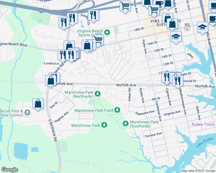map of restaurants, bars, coffee shops, grocery stores, and more near 407 Canvasback Way in Virginia Beach