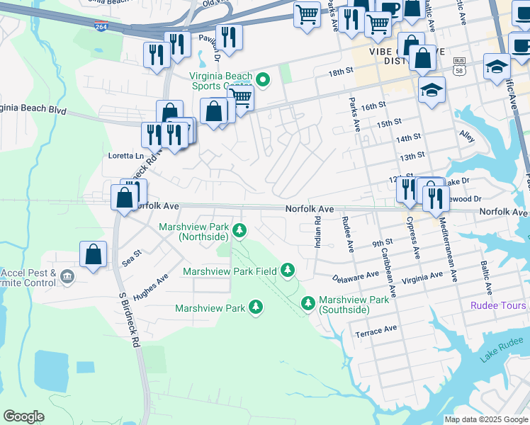 map of restaurants, bars, coffee shops, grocery stores, and more near 407 Canvasback Way in Virginia Beach