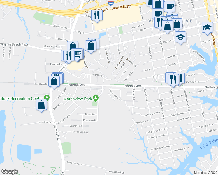map of restaurants, bars, coffee shops, grocery stores, and more near 407 Canvasback Way in Virginia Beach