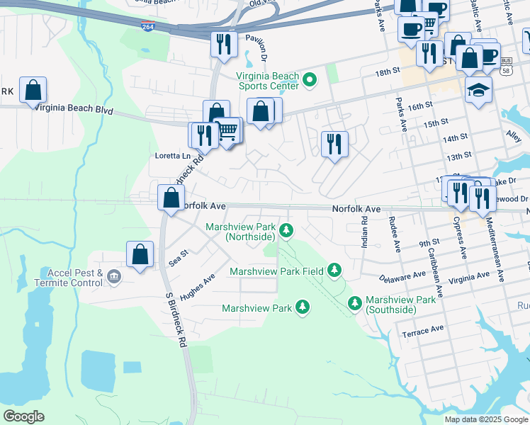 map of restaurants, bars, coffee shops, grocery stores, and more near 126 Saw Grass Bend in Virginia Beach