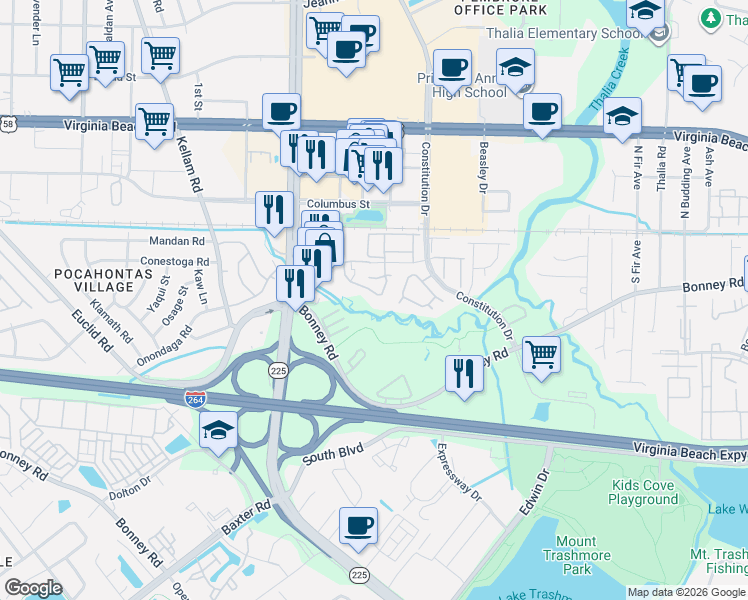map of restaurants, bars, coffee shops, grocery stores, and more near 244 Ferdinand Circle in Virginia Beach
