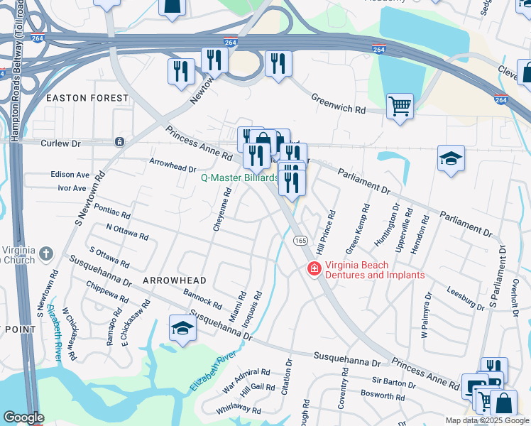 map of restaurants, bars, coffee shops, grocery stores, and more near 5617 Comanche Road in Virginia Beach