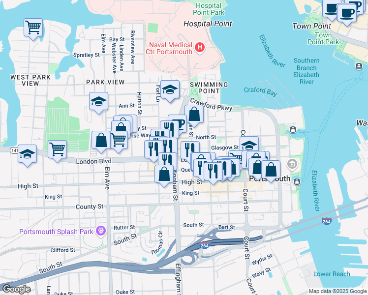 map of restaurants, bars, coffee shops, grocery stores, and more near 720 London Street in Portsmouth