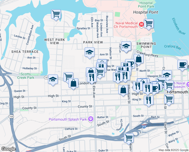 map of restaurants, bars, coffee shops, grocery stores, and more near 1140 London Boulevard in Portsmouth