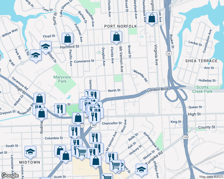 map of restaurants, bars, coffee shops, grocery stores, and more near 1007 Douglas Avenue in Portsmouth