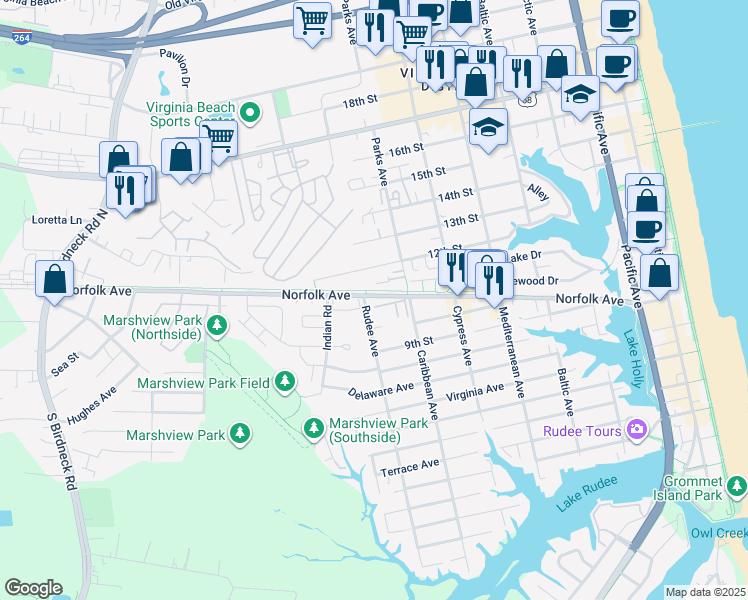 map of restaurants, bars, coffee shops, grocery stores, and more near 817 Spencer Court in Virginia Beach