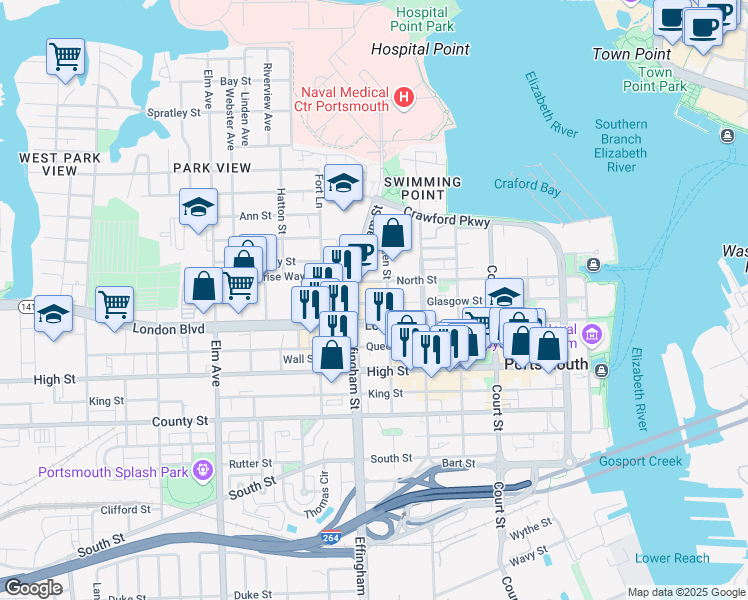 map of restaurants, bars, coffee shops, grocery stores, and more near 716 Firehouse Lane in Portsmouth