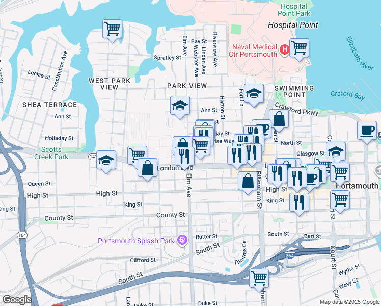 map of restaurants, bars, coffee shops, grocery stores, and more near 1140 London Boulevard in Portsmouth
