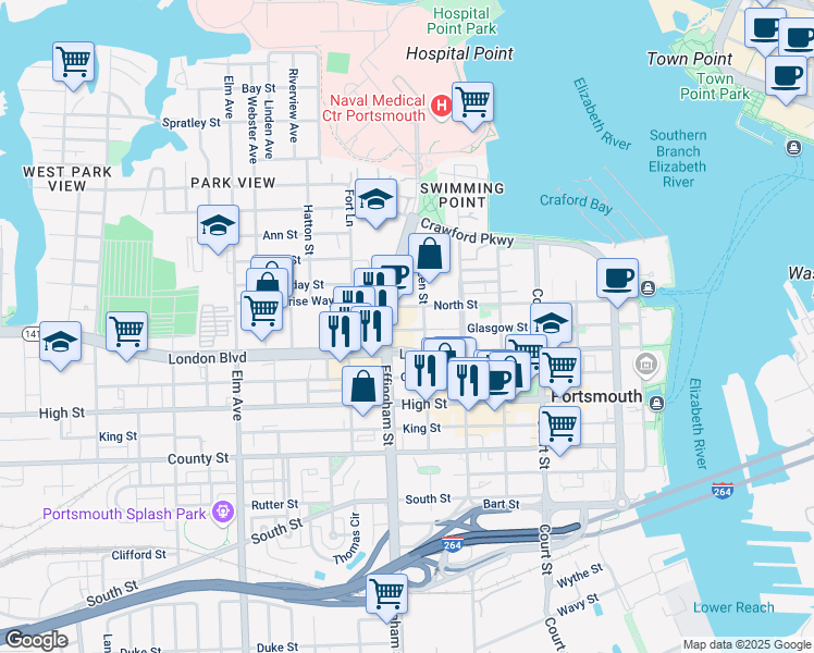 map of restaurants, bars, coffee shops, grocery stores, and more near 720 London Street in Portsmouth