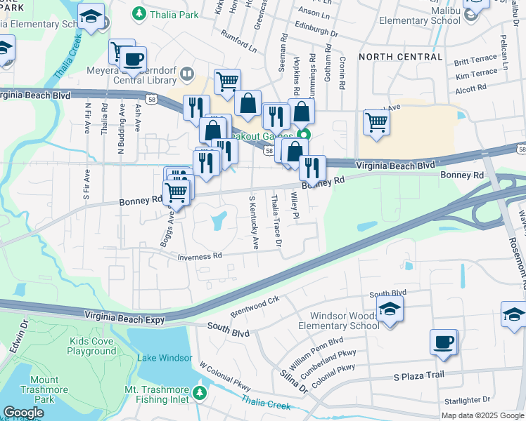 map of restaurants, bars, coffee shops, grocery stores, and more near 131 Pinter Court in Virginia Beach