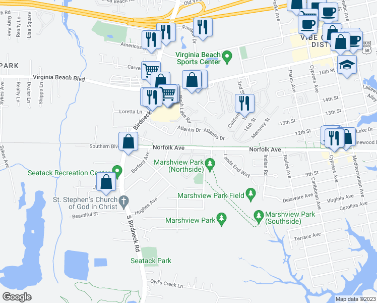 map of restaurants, bars, coffee shops, grocery stores, and more near 1106 Ocean Pebbles Way in Virginia Beach