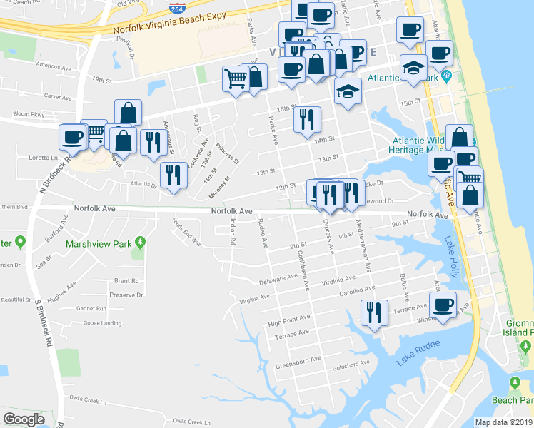 map of restaurants, bars, coffee shops, grocery stores, and more near 805 Spencer Court in Virginia Beach