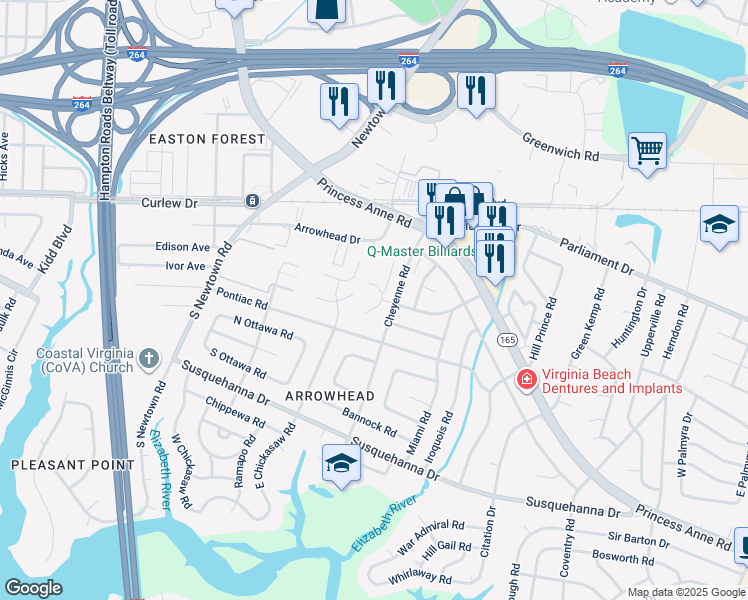 map of restaurants, bars, coffee shops, grocery stores, and more near 141 South Comanche Cluster in Virginia Beach