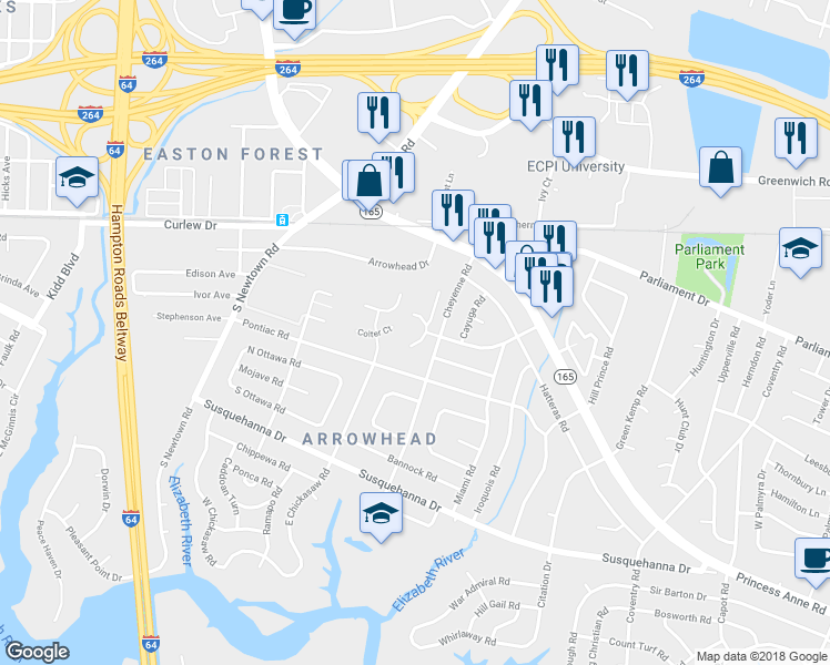 map of restaurants, bars, coffee shops, grocery stores, and more near 141 South Comanche Cluster in Virginia Beach
