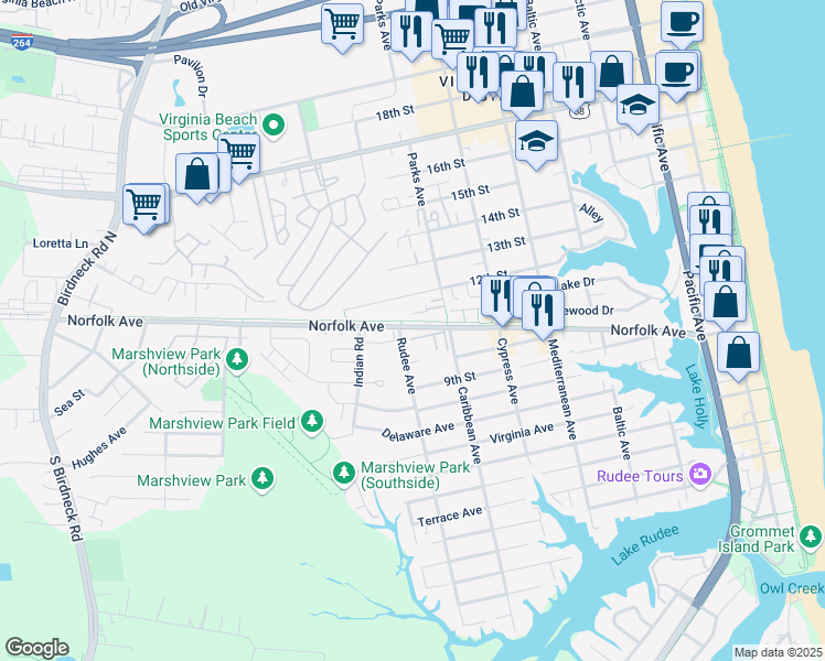 map of restaurants, bars, coffee shops, grocery stores, and more near 803 Spencer Court in Virginia Beach