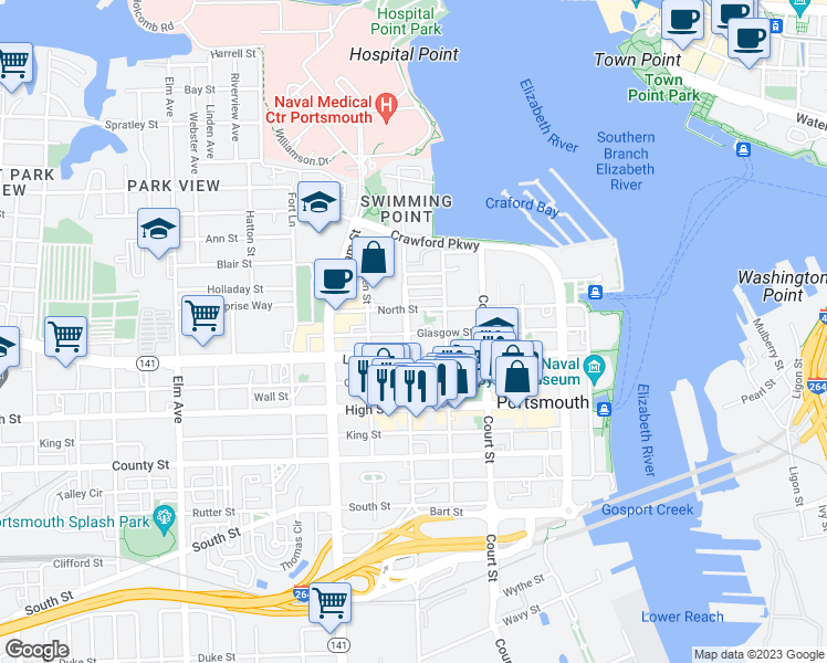 map of restaurants, bars, coffee shops, grocery stores, and more near 371 Washington Street in Portsmouth
