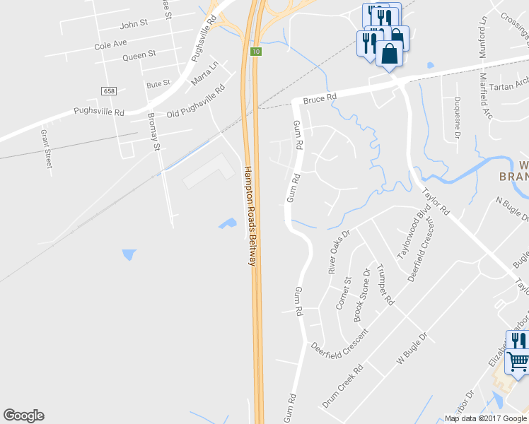 map of restaurants, bars, coffee shops, grocery stores, and more near 2714 Big Bend Court in Chesapeake