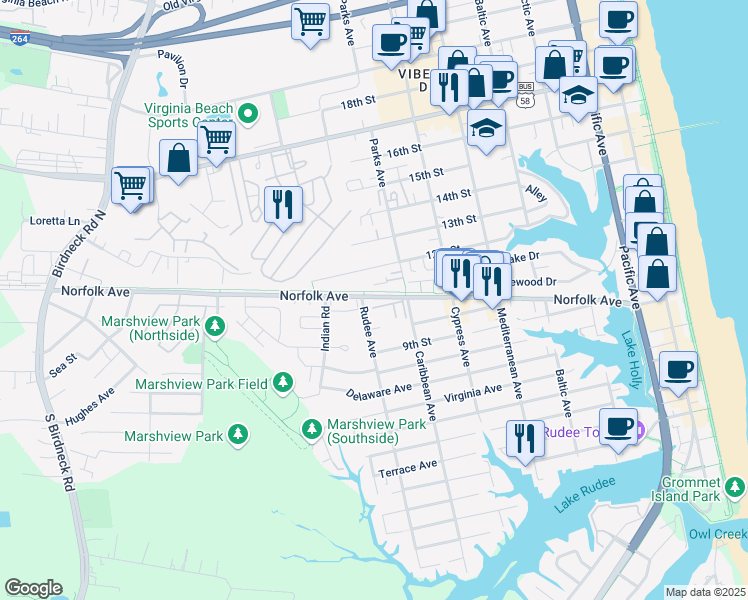 map of restaurants, bars, coffee shops, grocery stores, and more near 801 Spencer Court in Virginia Beach