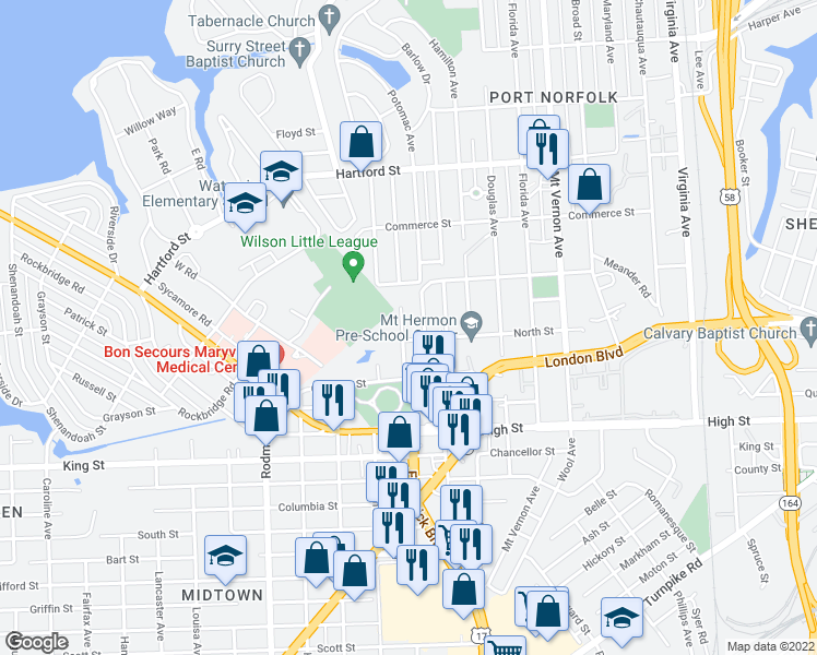 map of restaurants, bars, coffee shops, grocery stores, and more near 947 Cambridge Avenue in Portsmouth