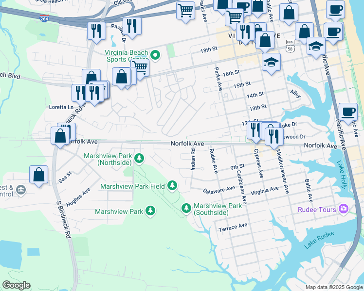 map of restaurants, bars, coffee shops, grocery stores, and more near 106 Ocean Villas Way in Virginia Beach