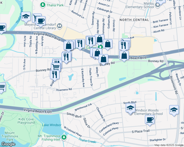 map of restaurants, bars, coffee shops, grocery stores, and more near 132 Thalia Trace Drive in Virginia Beach