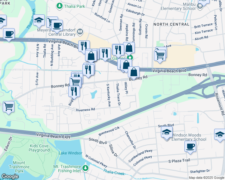 map of restaurants, bars, coffee shops, grocery stores, and more near 131 Pinter Court in Virginia Beach
